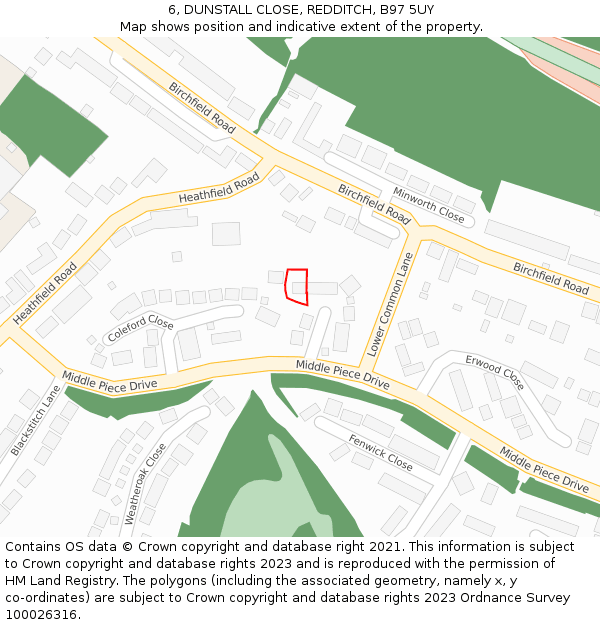 6, DUNSTALL CLOSE, REDDITCH, B97 5UY: Location map and indicative extent of plot