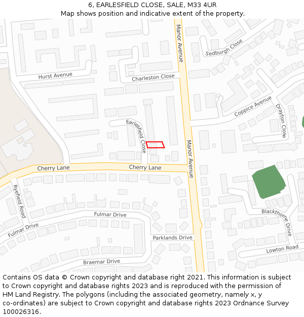 6, EARLESFIELD CLOSE, SALE, M33 4UR: Location map and indicative extent of plot