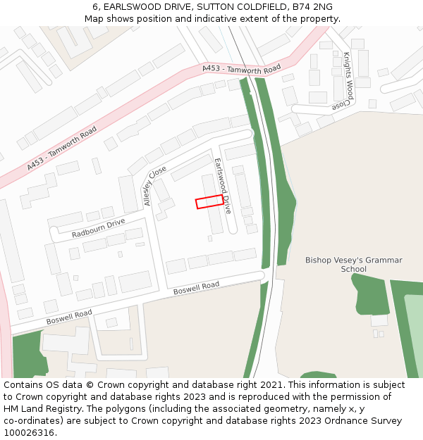 6, EARLSWOOD DRIVE, SUTTON COLDFIELD, B74 2NG: Location map and indicative extent of plot