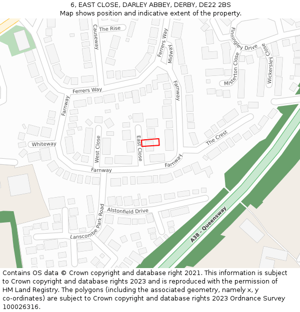 6, EAST CLOSE, DARLEY ABBEY, DERBY, DE22 2BS: Location map and indicative extent of plot