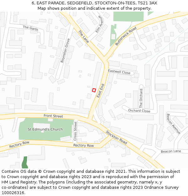 6, EAST PARADE, SEDGEFIELD, STOCKTON-ON-TEES, TS21 3AX: Location map and indicative extent of plot