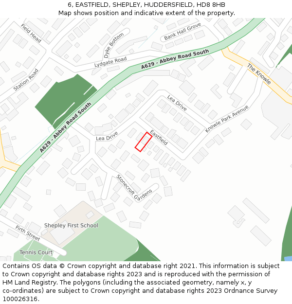 6, EASTFIELD, SHEPLEY, HUDDERSFIELD, HD8 8HB: Location map and indicative extent of plot