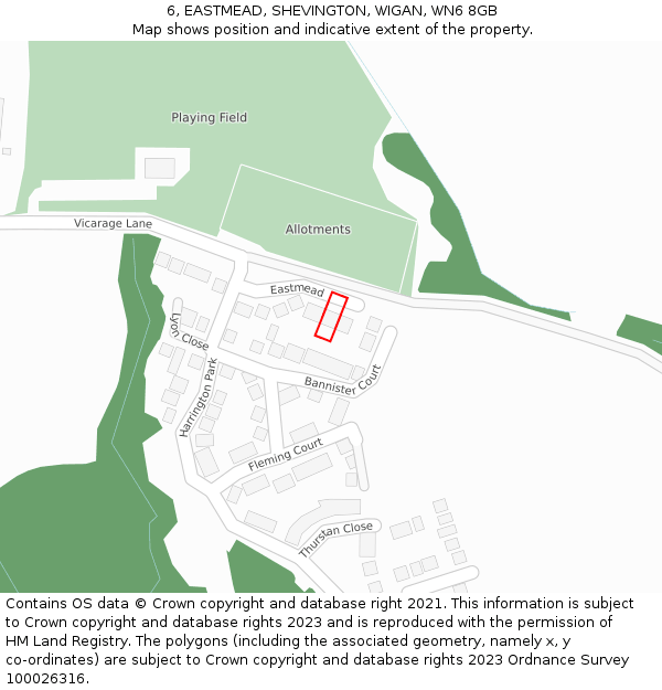 6, EASTMEAD, SHEVINGTON, WIGAN, WN6 8GB: Location map and indicative extent of plot