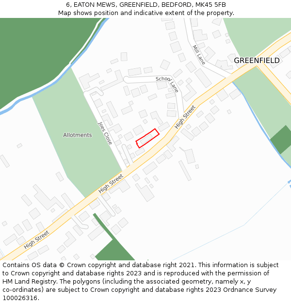 6, EATON MEWS, GREENFIELD, BEDFORD, MK45 5FB: Location map and indicative extent of plot