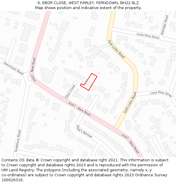 6, EBOR CLOSE, WEST PARLEY, FERNDOWN, BH22 8LZ: Location map and indicative extent of plot