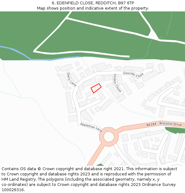 6, EDENFIELD CLOSE, REDDITCH, B97 6TP: Location map and indicative extent of plot