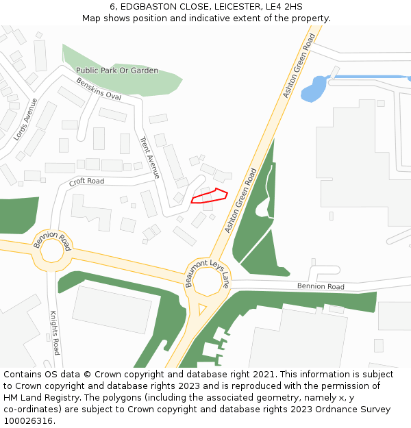 6, EDGBASTON CLOSE, LEICESTER, LE4 2HS: Location map and indicative extent of plot