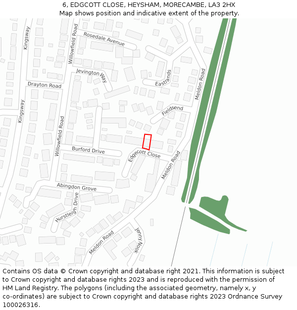 6, EDGCOTT CLOSE, HEYSHAM, MORECAMBE, LA3 2HX: Location map and indicative extent of plot