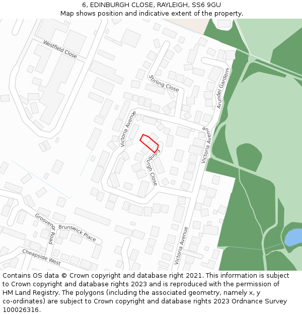 6, EDINBURGH CLOSE, RAYLEIGH, SS6 9GU: Location map and indicative extent of plot