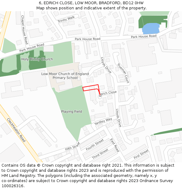 6, EDRICH CLOSE, LOW MOOR, BRADFORD, BD12 0HW: Location map and indicative extent of plot