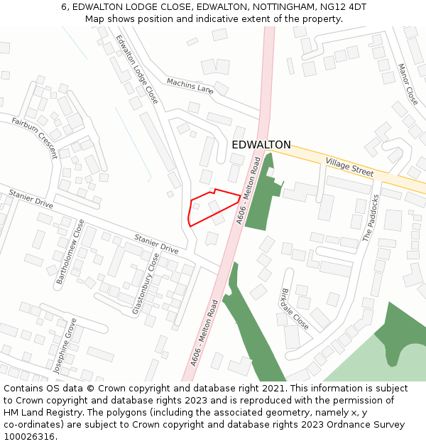 6, EDWALTON LODGE CLOSE, EDWALTON, NOTTINGHAM, NG12 4DT: Location map and indicative extent of plot