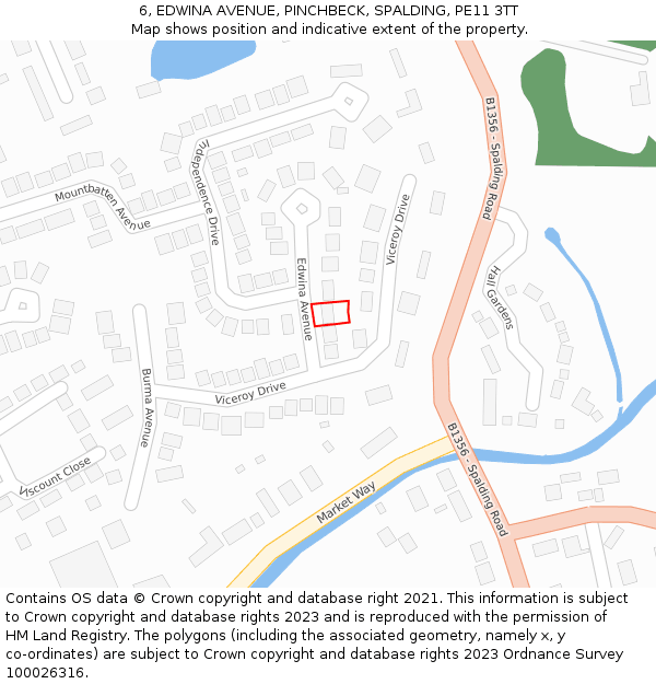 6, EDWINA AVENUE, PINCHBECK, SPALDING, PE11 3TT: Location map and indicative extent of plot