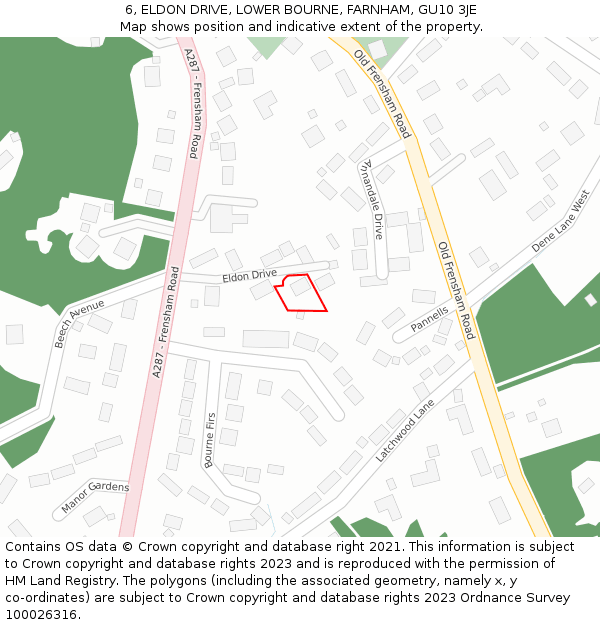 6, ELDON DRIVE, LOWER BOURNE, FARNHAM, GU10 3JE: Location map and indicative extent of plot