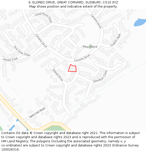 6, ELDRED DRIVE, GREAT CORNARD, SUDBURY, CO10 0YZ: Location map and indicative extent of plot