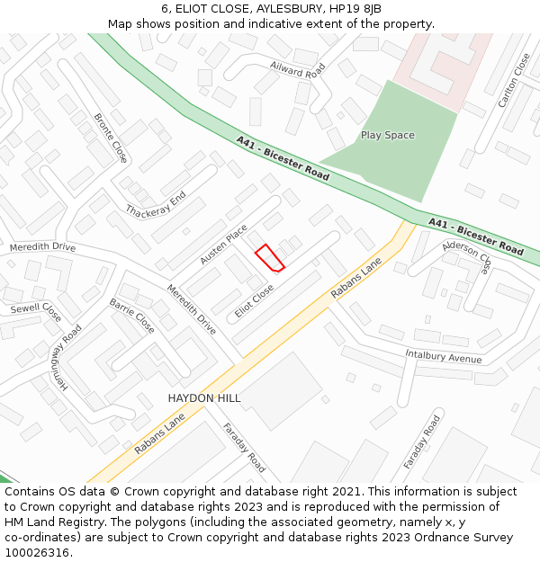 6, ELIOT CLOSE, AYLESBURY, HP19 8JB: Location map and indicative extent of plot