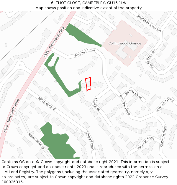 6, ELIOT CLOSE, CAMBERLEY, GU15 1LW: Location map and indicative extent of plot