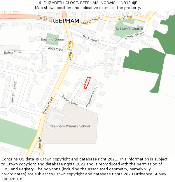 6, ELIZABETH CLOSE, REEPHAM, NORWICH, NR10 4JF: Location map and indicative extent of plot