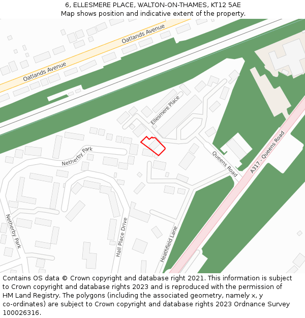 6, ELLESMERE PLACE, WALTON-ON-THAMES, KT12 5AE: Location map and indicative extent of plot