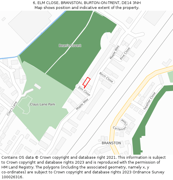 6, ELM CLOSE, BRANSTON, BURTON-ON-TRENT, DE14 3NH: Location map and indicative extent of plot