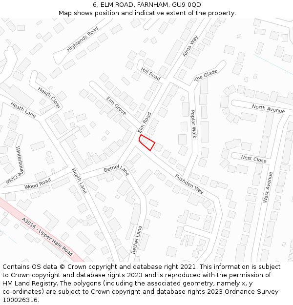 6, ELM ROAD, FARNHAM, GU9 0QD: Location map and indicative extent of plot