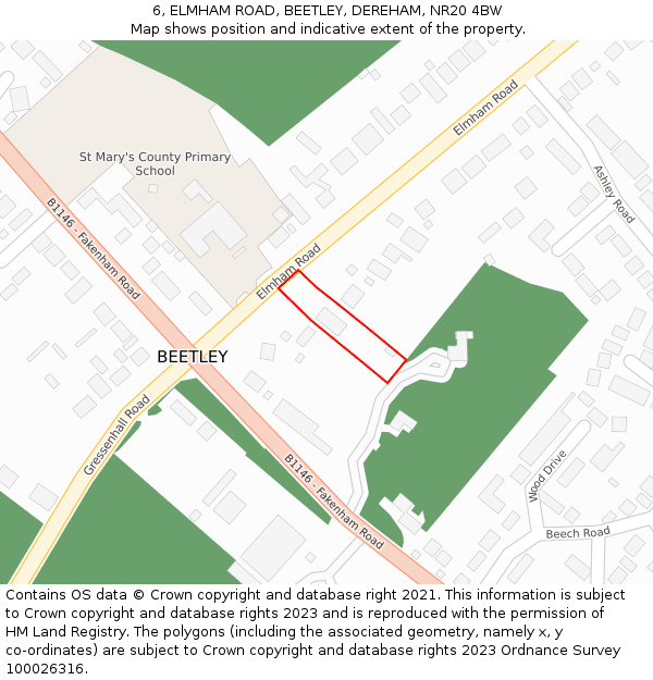 6, ELMHAM ROAD, BEETLEY, DEREHAM, NR20 4BW: Location map and indicative extent of plot