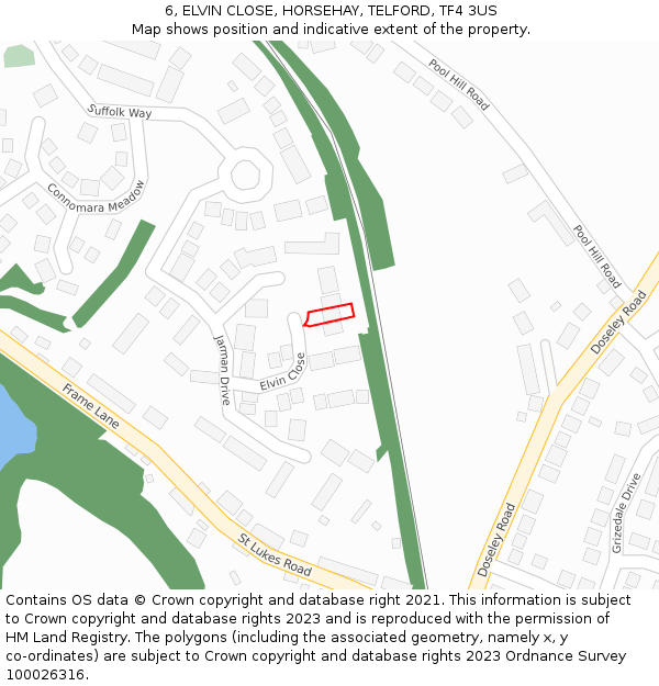 6, ELVIN CLOSE, HORSEHAY, TELFORD, TF4 3US: Location map and indicative extent of plot