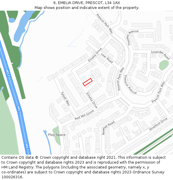 6, EMELIA DRIVE, PRESCOT, L34 1AX: Location map and indicative extent of plot