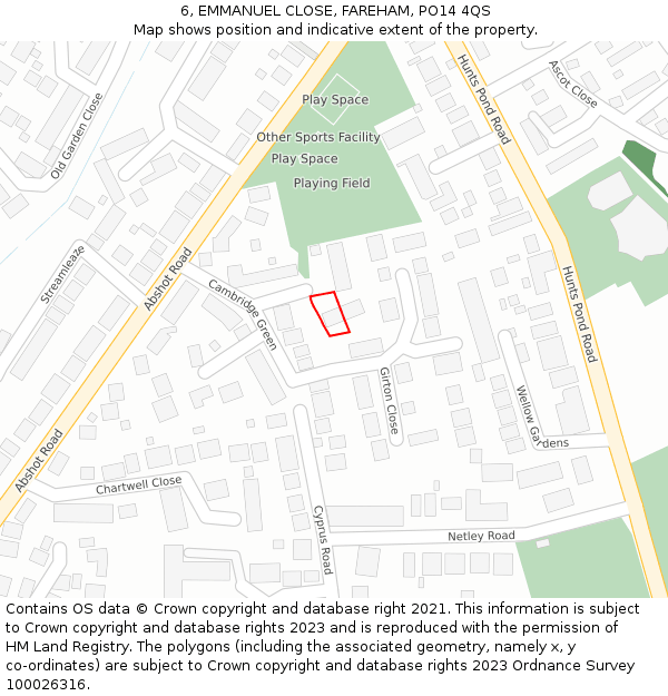 6, EMMANUEL CLOSE, FAREHAM, PO14 4QS: Location map and indicative extent of plot