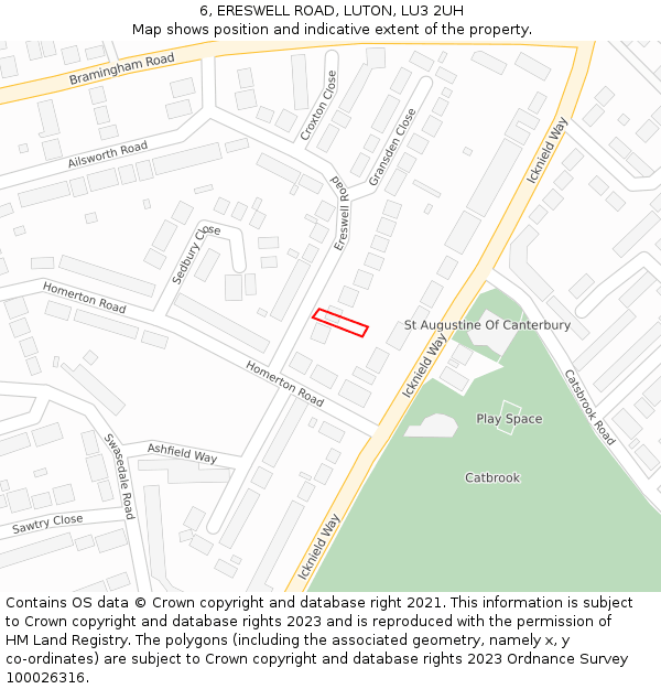 6, ERESWELL ROAD, LUTON, LU3 2UH: Location map and indicative extent of plot