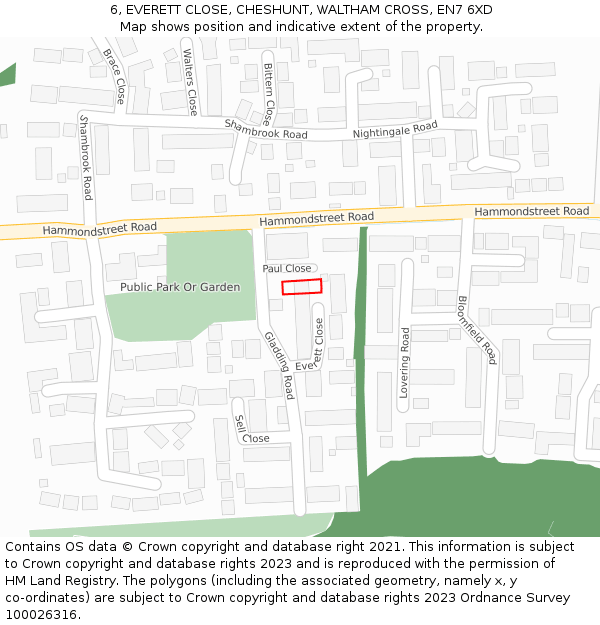 6, EVERETT CLOSE, CHESHUNT, WALTHAM CROSS, EN7 6XD: Location map and indicative extent of plot