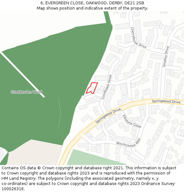 6, EVERGREEN CLOSE, OAKWOOD, DERBY, DE21 2SB: Location map and indicative extent of plot