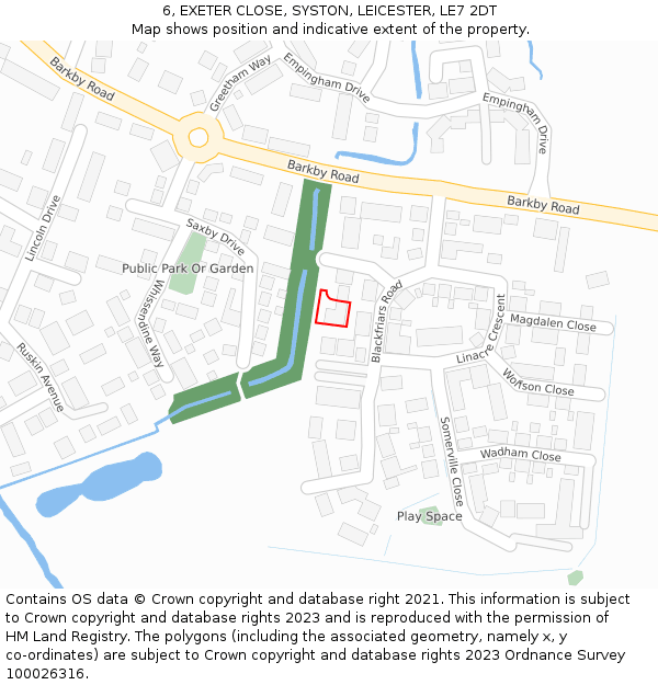 6, EXETER CLOSE, SYSTON, LEICESTER, LE7 2DT: Location map and indicative extent of plot