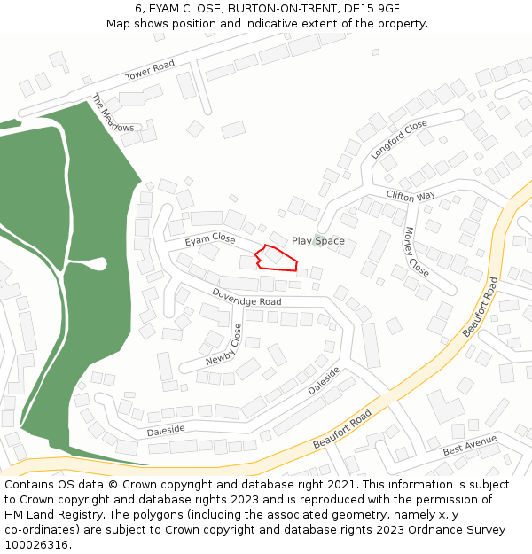 6, EYAM CLOSE, BURTON-ON-TRENT, DE15 9GF: Location map and indicative extent of plot
