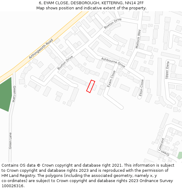 6, EYAM CLOSE, DESBOROUGH, KETTERING, NN14 2FF: Location map and indicative extent of plot