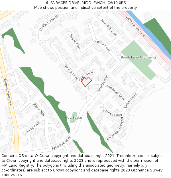6, FAIRACRE DRIVE, MIDDLEWICH, CW10 0RS: Location map and indicative extent of plot