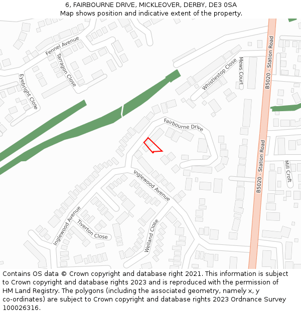 6, FAIRBOURNE DRIVE, MICKLEOVER, DERBY, DE3 0SA: Location map and indicative extent of plot