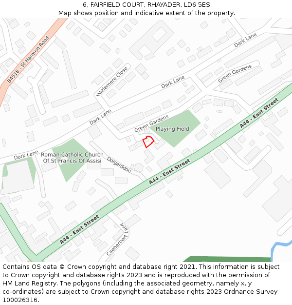 6, FAIRFIELD COURT, RHAYADER, LD6 5ES: Location map and indicative extent of plot