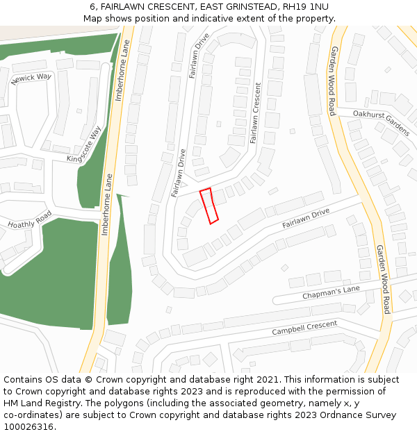 6, FAIRLAWN CRESCENT, EAST GRINSTEAD, RH19 1NU: Location map and indicative extent of plot