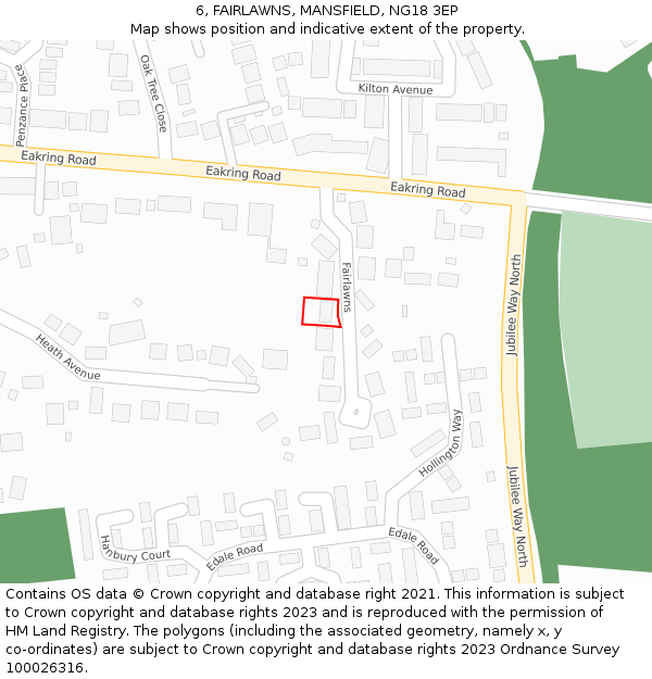 6, FAIRLAWNS, MANSFIELD, NG18 3EP: Location map and indicative extent of plot