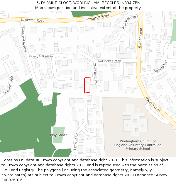 6, FAIRMILE CLOSE, WORLINGHAM, BECCLES, NR34 7RN: Location map and indicative extent of plot