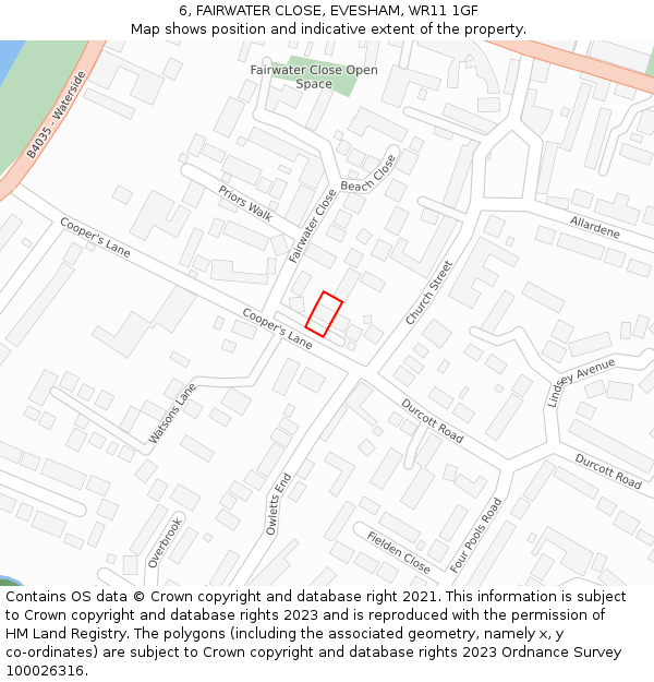 6, FAIRWATER CLOSE, EVESHAM, WR11 1GF: Location map and indicative extent of plot