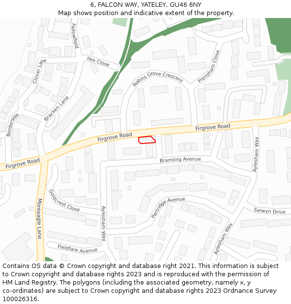 6, FALCON WAY, YATELEY, GU46 6NY: Location map and indicative extent of plot