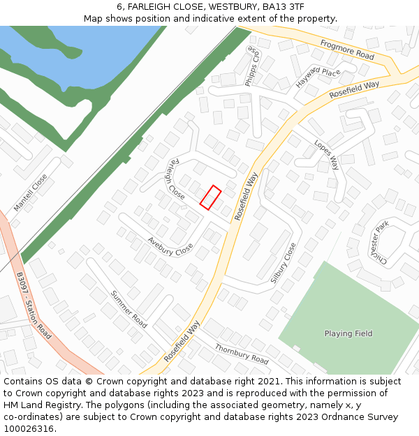 6, FARLEIGH CLOSE, WESTBURY, BA13 3TF: Location map and indicative extent of plot