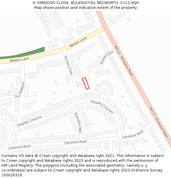 6, FARNDON CLOSE, BULKINGTON, BEDWORTH, CV12 9QH: Location map and indicative extent of plot