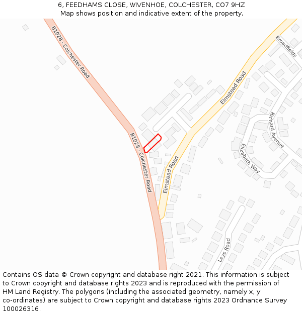 6, FEEDHAMS CLOSE, WIVENHOE, COLCHESTER, CO7 9HZ: Location map and indicative extent of plot