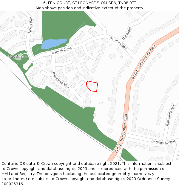 6, FEN COURT, ST LEONARDS-ON-SEA, TN38 9TT: Location map and indicative extent of plot
