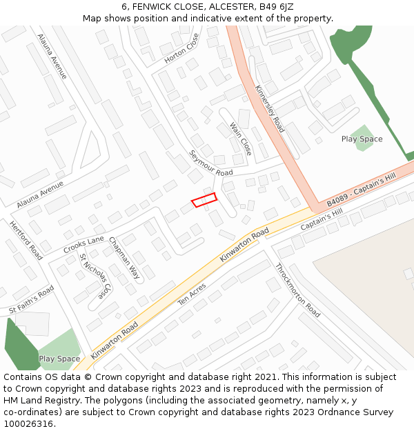6, FENWICK CLOSE, ALCESTER, B49 6JZ: Location map and indicative extent of plot