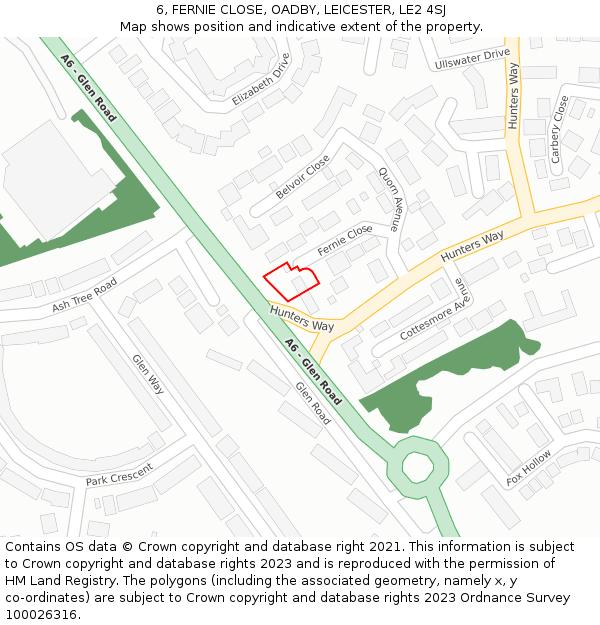 6, FERNIE CLOSE, OADBY, LEICESTER, LE2 4SJ: Location map and indicative extent of plot