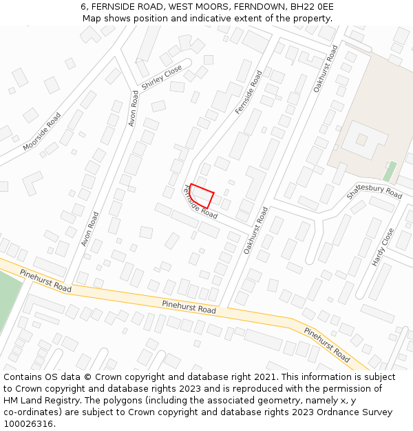 6, FERNSIDE ROAD, WEST MOORS, FERNDOWN, BH22 0EE: Location map and indicative extent of plot