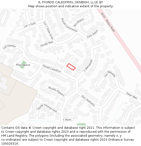 6, FFORDD CALEDFRYN, DENBIGH, LL16 3JT: Location map and indicative extent of plot